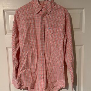 Southern Tide Coral, Blue and White Plaid Shirt